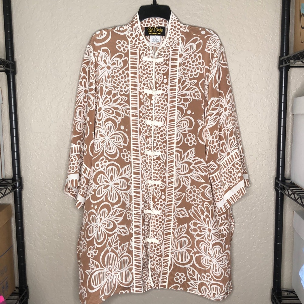 Bob Mackie wearable art cream/tan silk button up blouse tunic